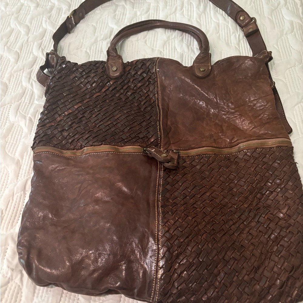 Langellotti Tobacco Brown Italian Genuine Leather Woven Tote Bag Crossbody NWOT